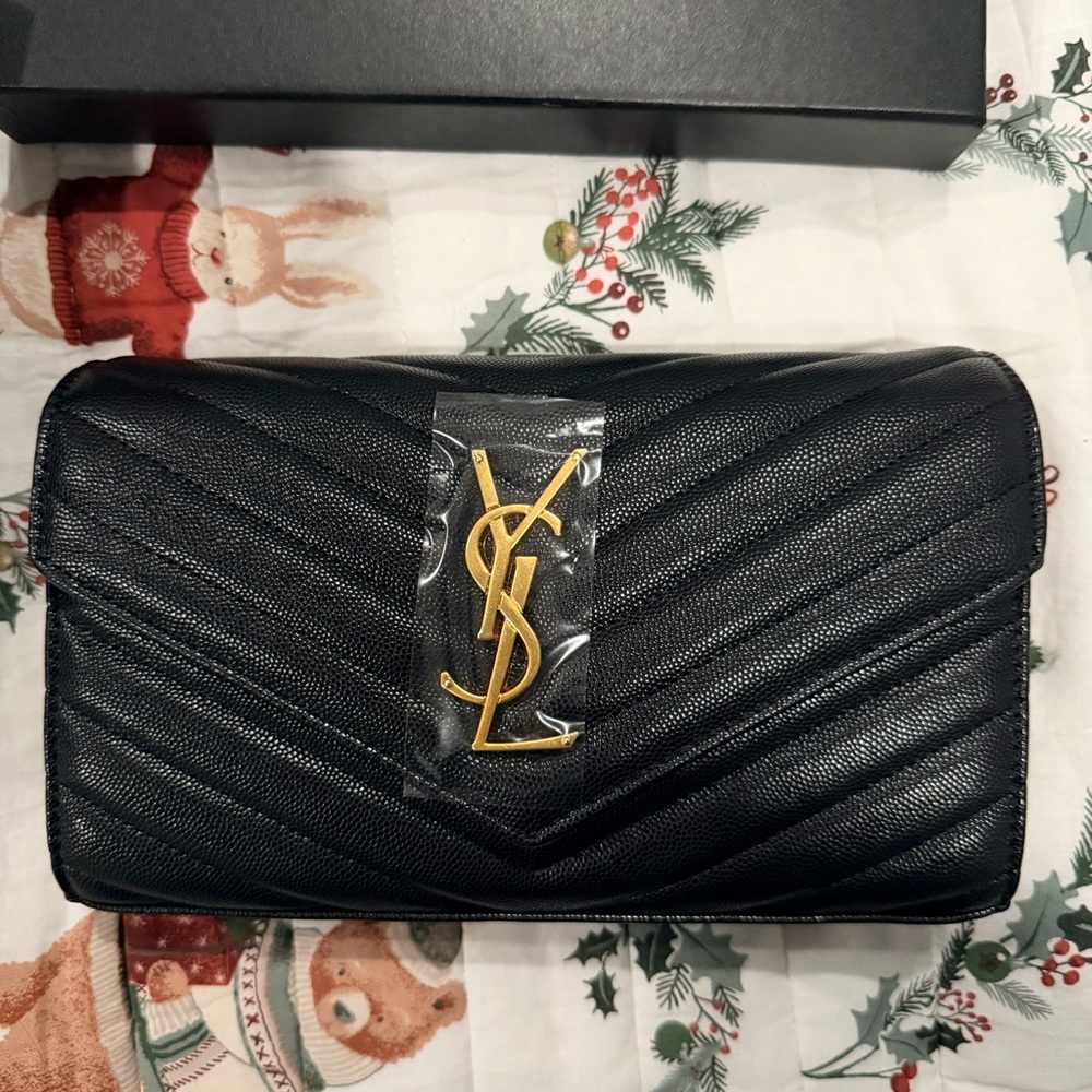 Yves Saint Laurent Black Quilted Clutch with Gold Logo